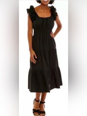 Biltmore Black Ruffle Sleeve Linen Blend Tiered Midi Dress, size L